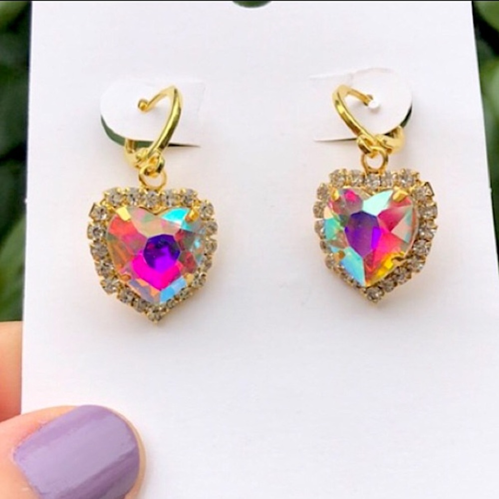 Aurora Borealis Heart Crystal Halo Drop Earrings - Picture 4 of 8